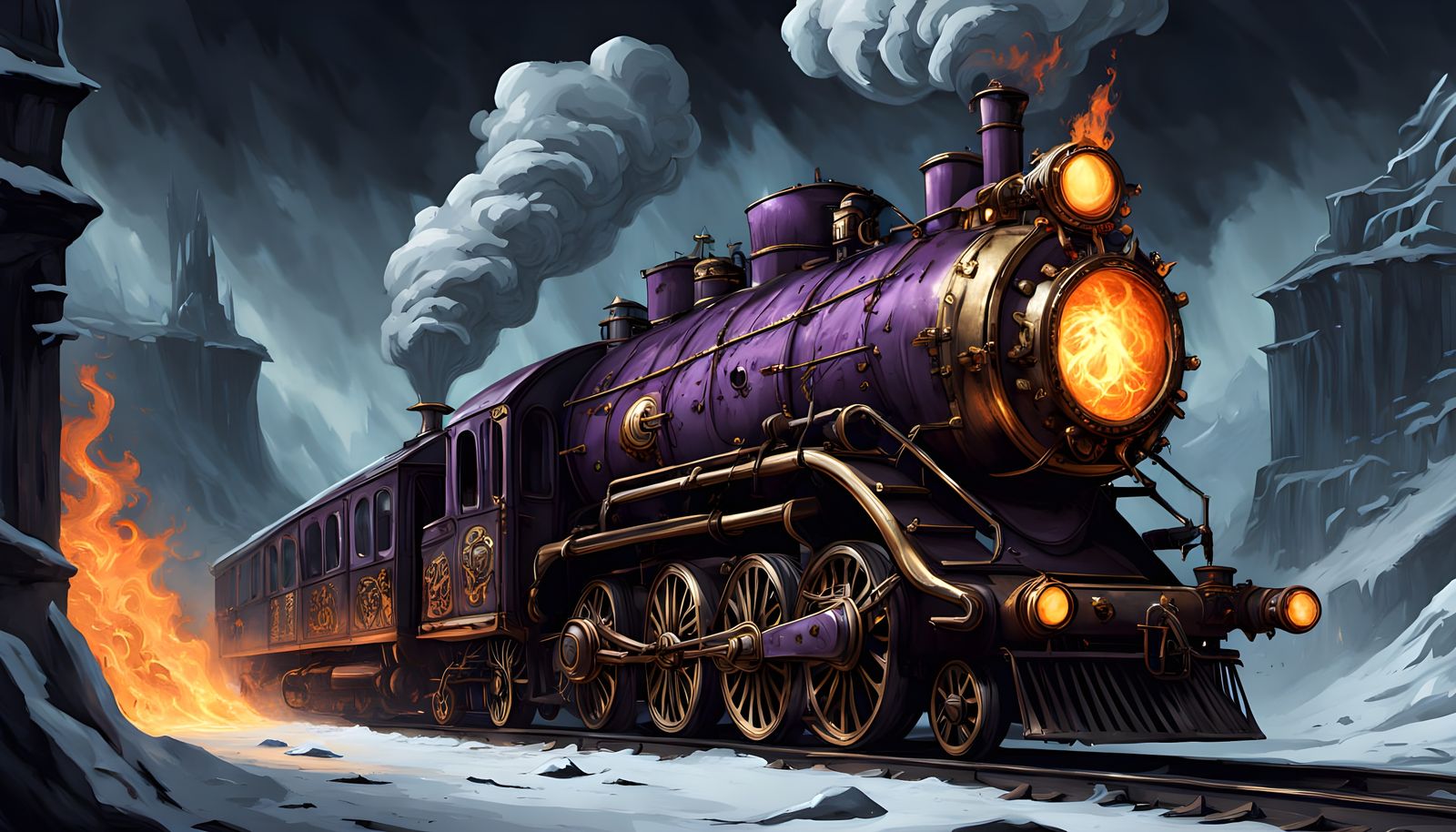 UN TRAIN INFERNAL STYLE SNOWPERCER QUI TRAVERSE lES GLACIERS en projetant des étincelles de feu, DANS UNE LUMIERE FEERIQ...