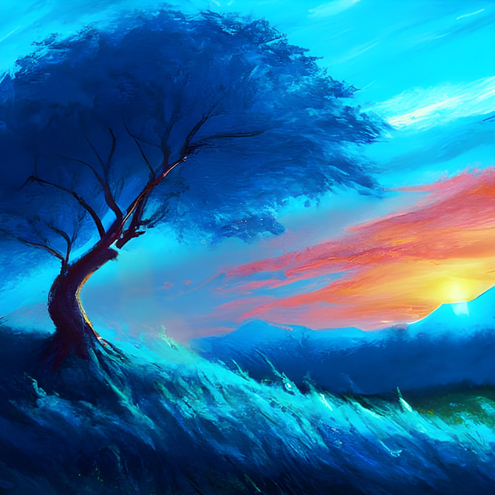 Blue Tree Sunset: Epic Cinematic Digital Painting