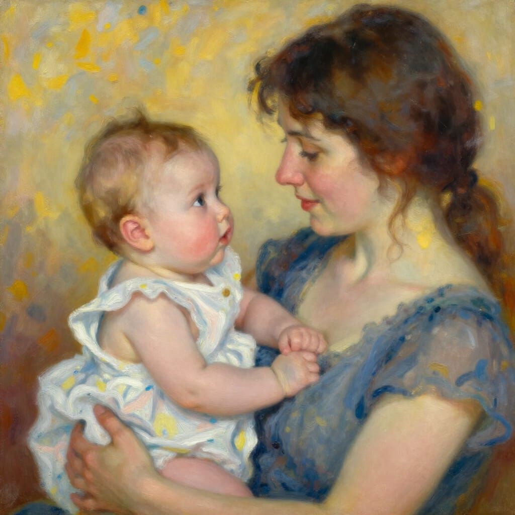 Mother and Baby Embrace in Impressionist Style