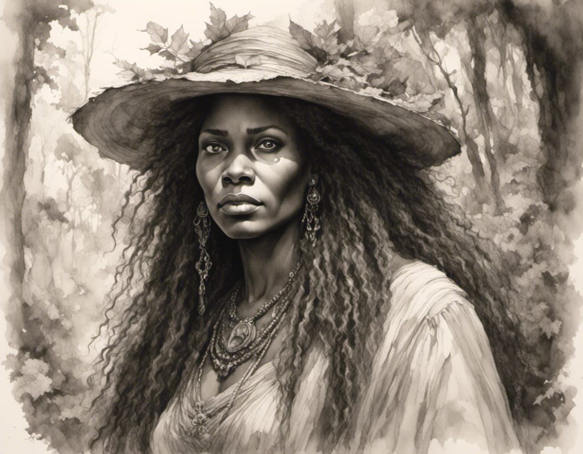 Caribbean Witch Portrait in Sketch Art Style