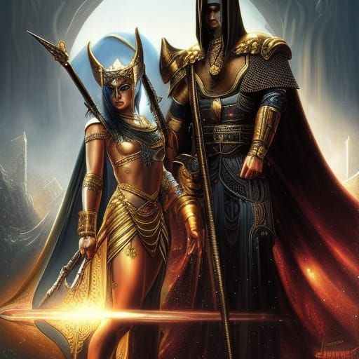 Anubis and Cleopatra in Ancient Egypt, Dark Fantasy Art