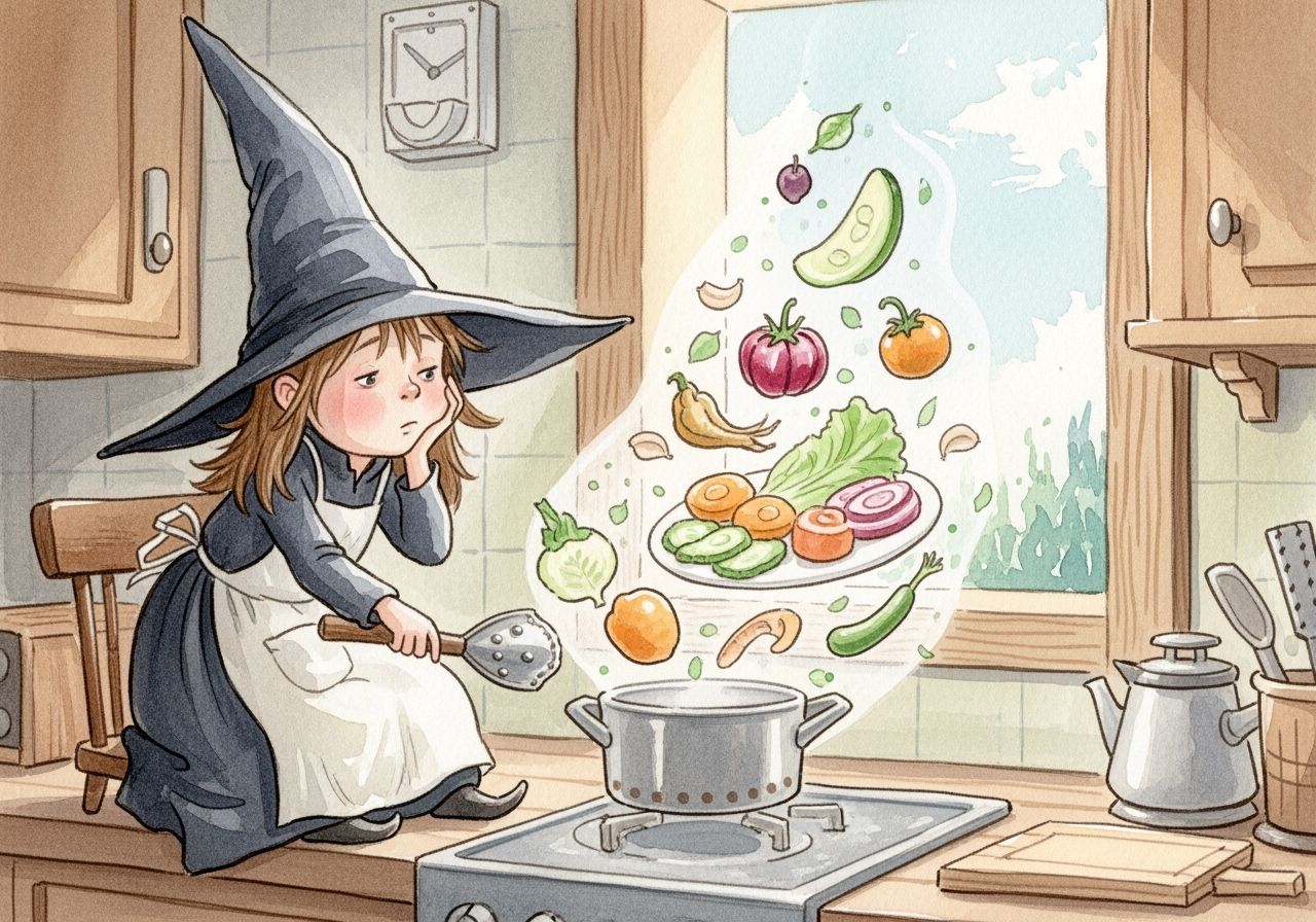 Bored Witch Magically Cooks Elaborate Meal in Watercolor