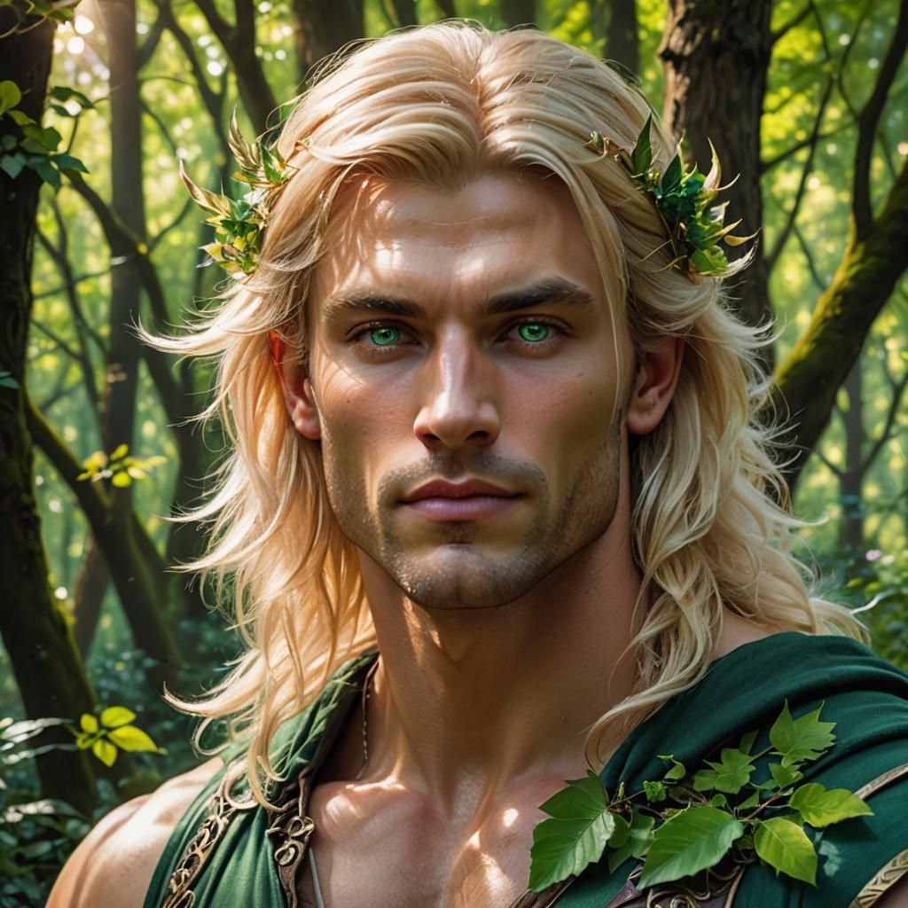 Fantasy Portrait of Blonde Man in Spring Forest