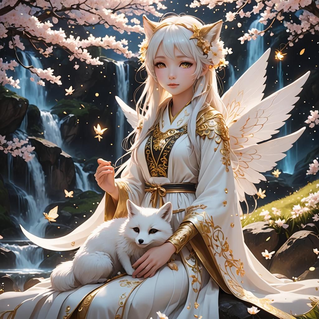 Angelic Fairy with Fox in Cherry Blossom Field