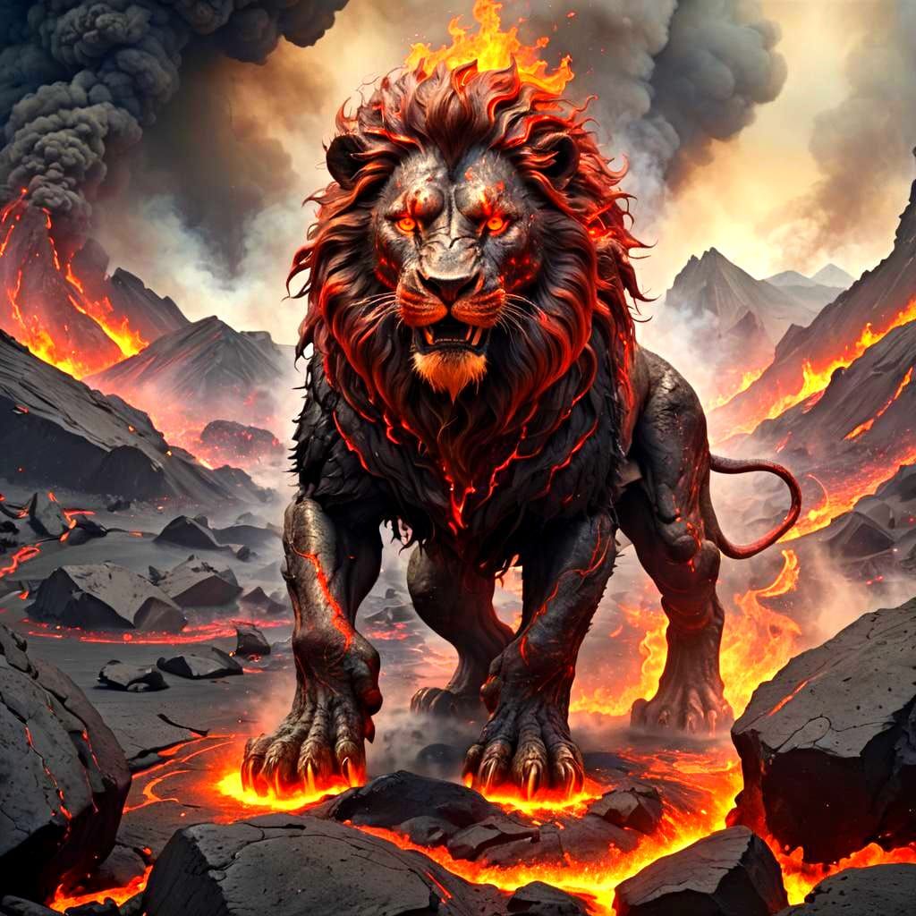 lava-like humanoid lion crawling across a volcanic surface, with glowing cracks of molten lava pulsing through their cha...
