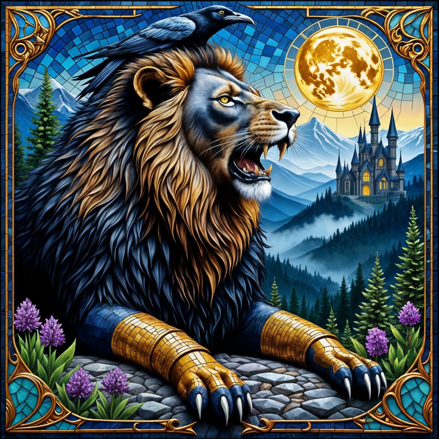 Majestic Stained Glass Lion with Golden Accents