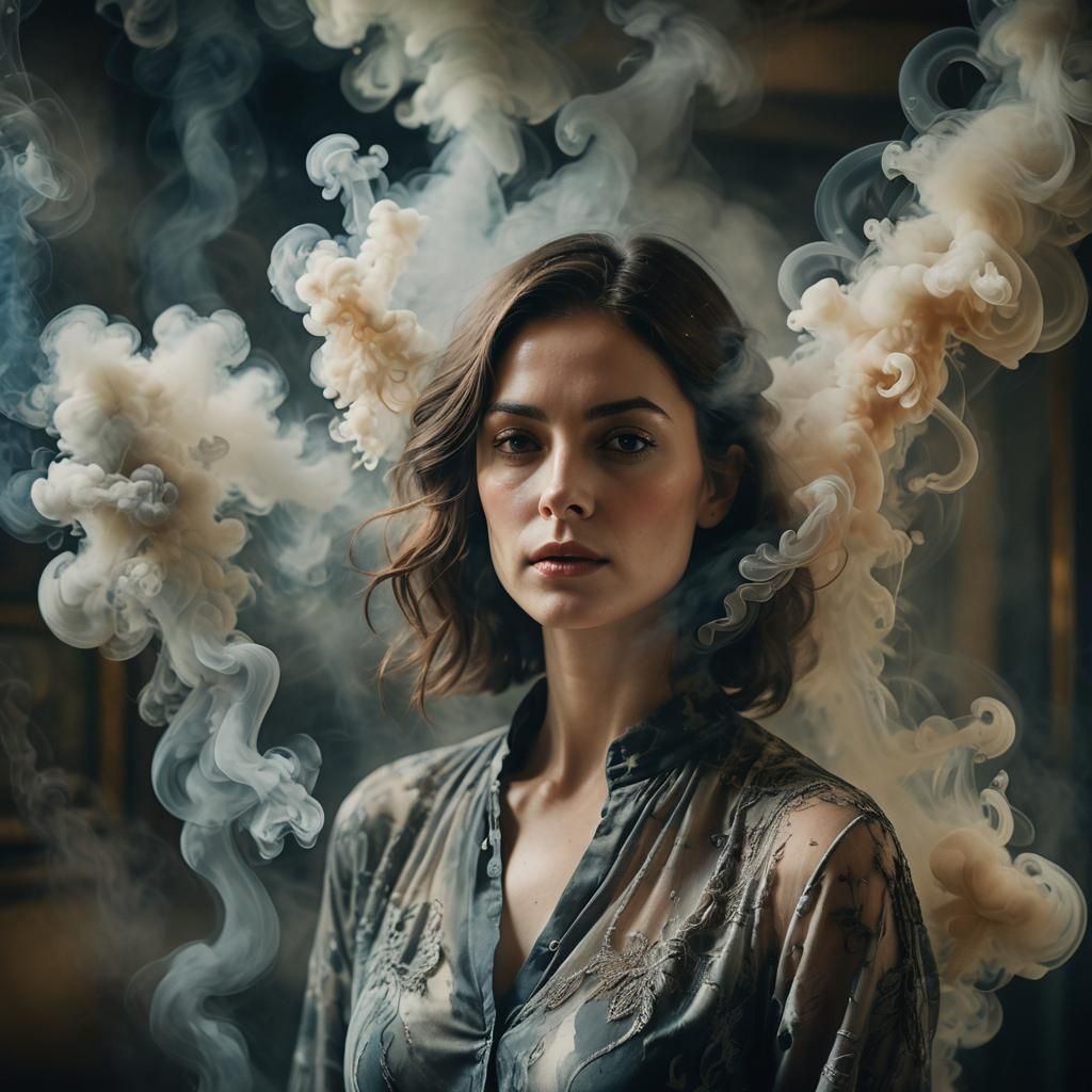 Ethereal Woman in Smoke: Surrealist Portrait in Watercolor S...