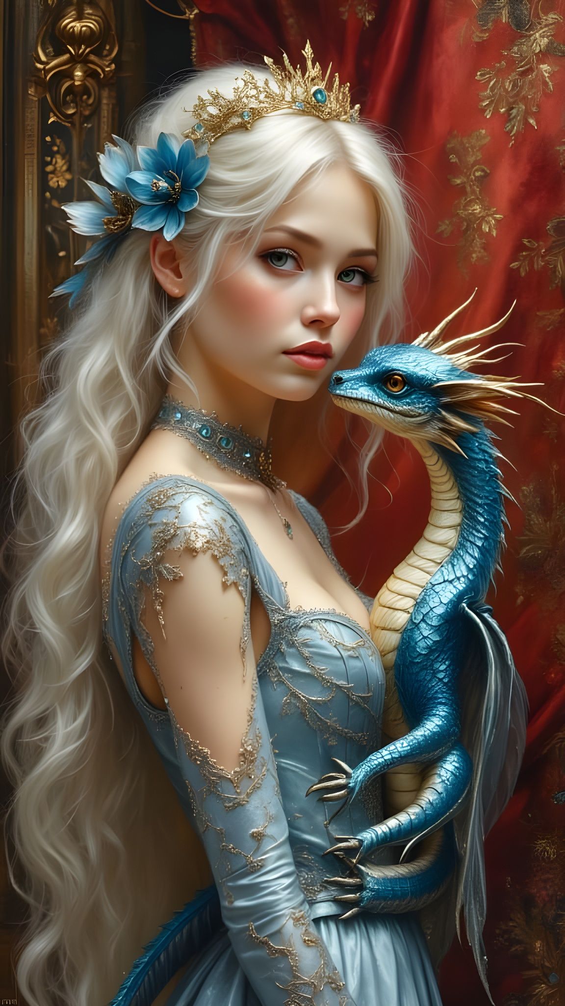 Enchanting Woman and Dragon in Castle Interior