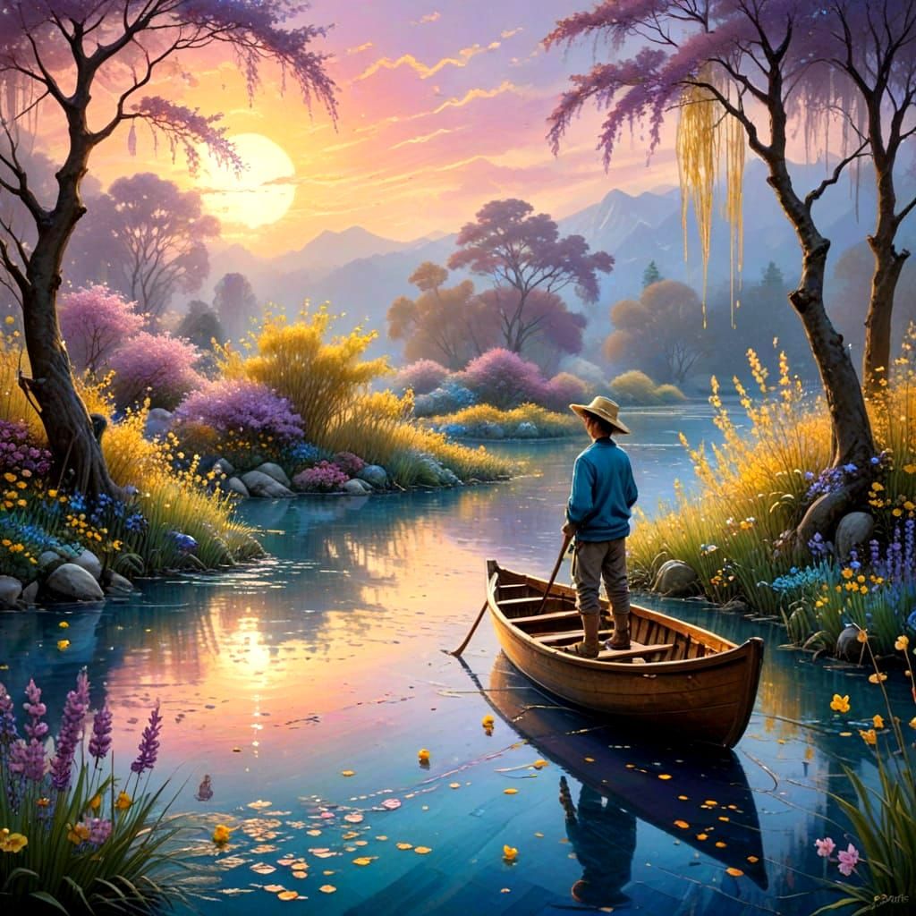 Surrealist Aqua Pond Scene with Yellow Rubber Ducks and Suns...