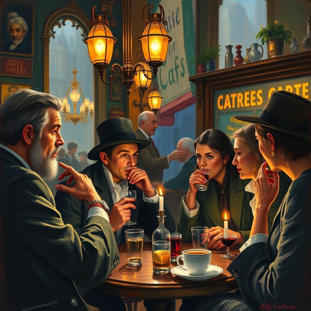 Parisian Cafe Scene in Impressionist Style
