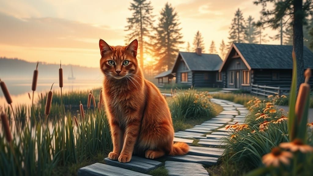 Surreal Village Morning with a Red Cat and a Sailboat