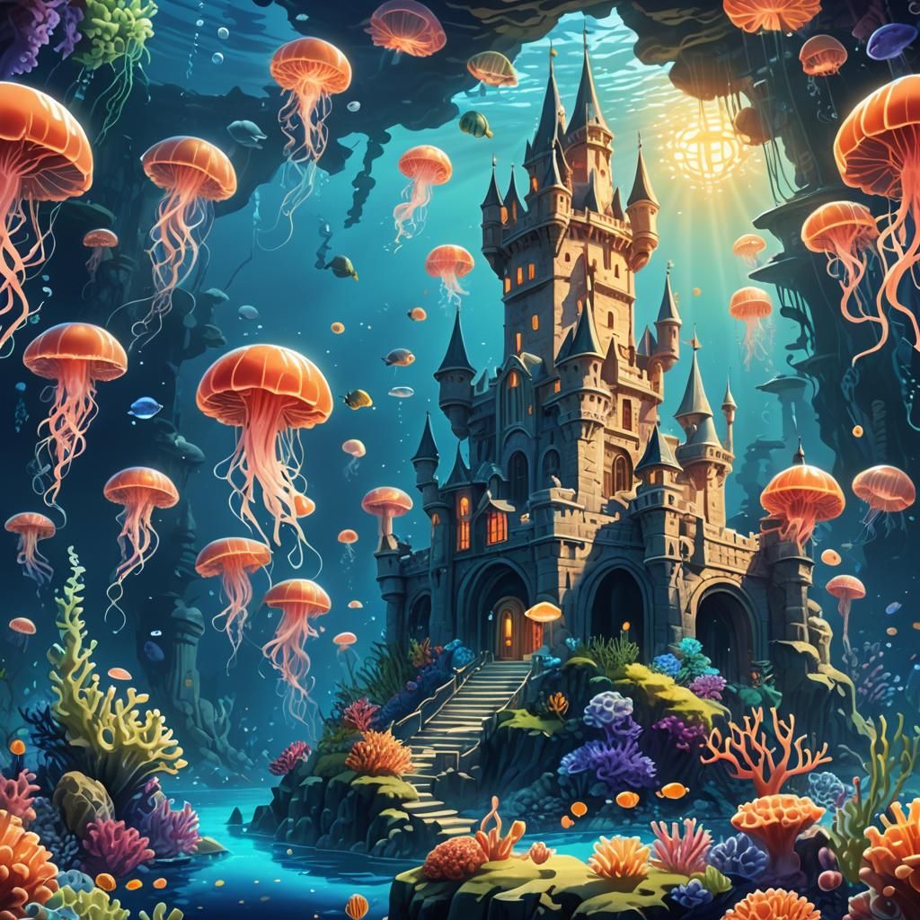 Vibrant Anime Underwater Castle with Coral Bars
