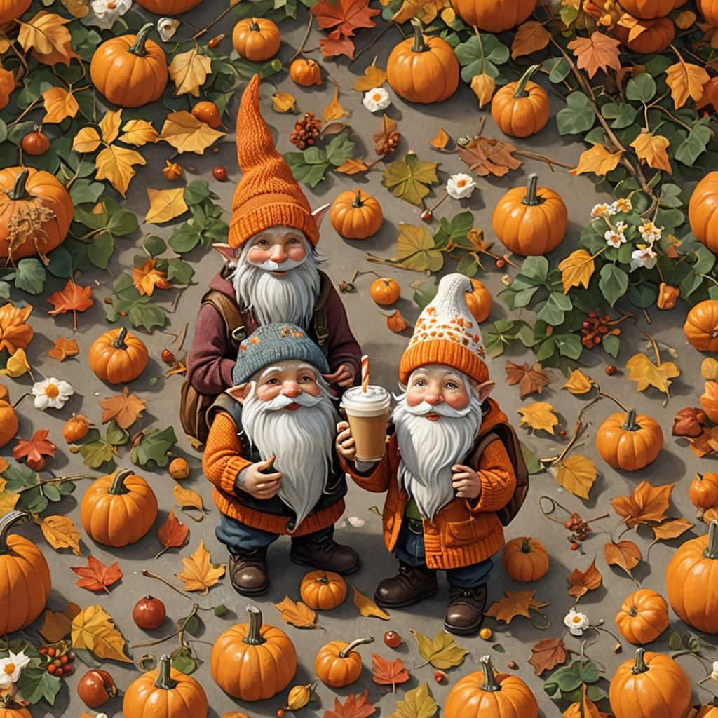Gnome and Chipmunks Enjoying Autumn Coffee