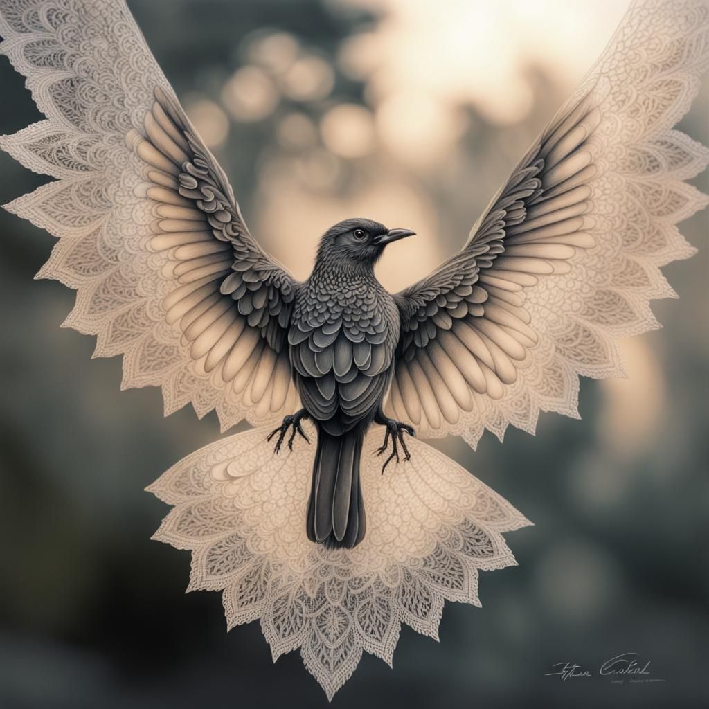 Hyperdetailed Charcoal Drawing of Lacewing Birds