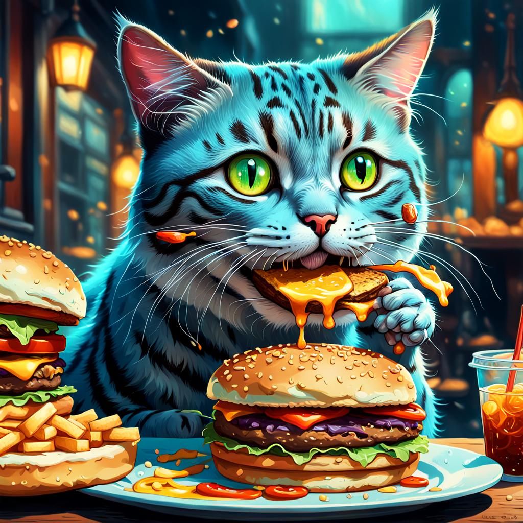 Cat Eating Burger in Fine Art Painting Style