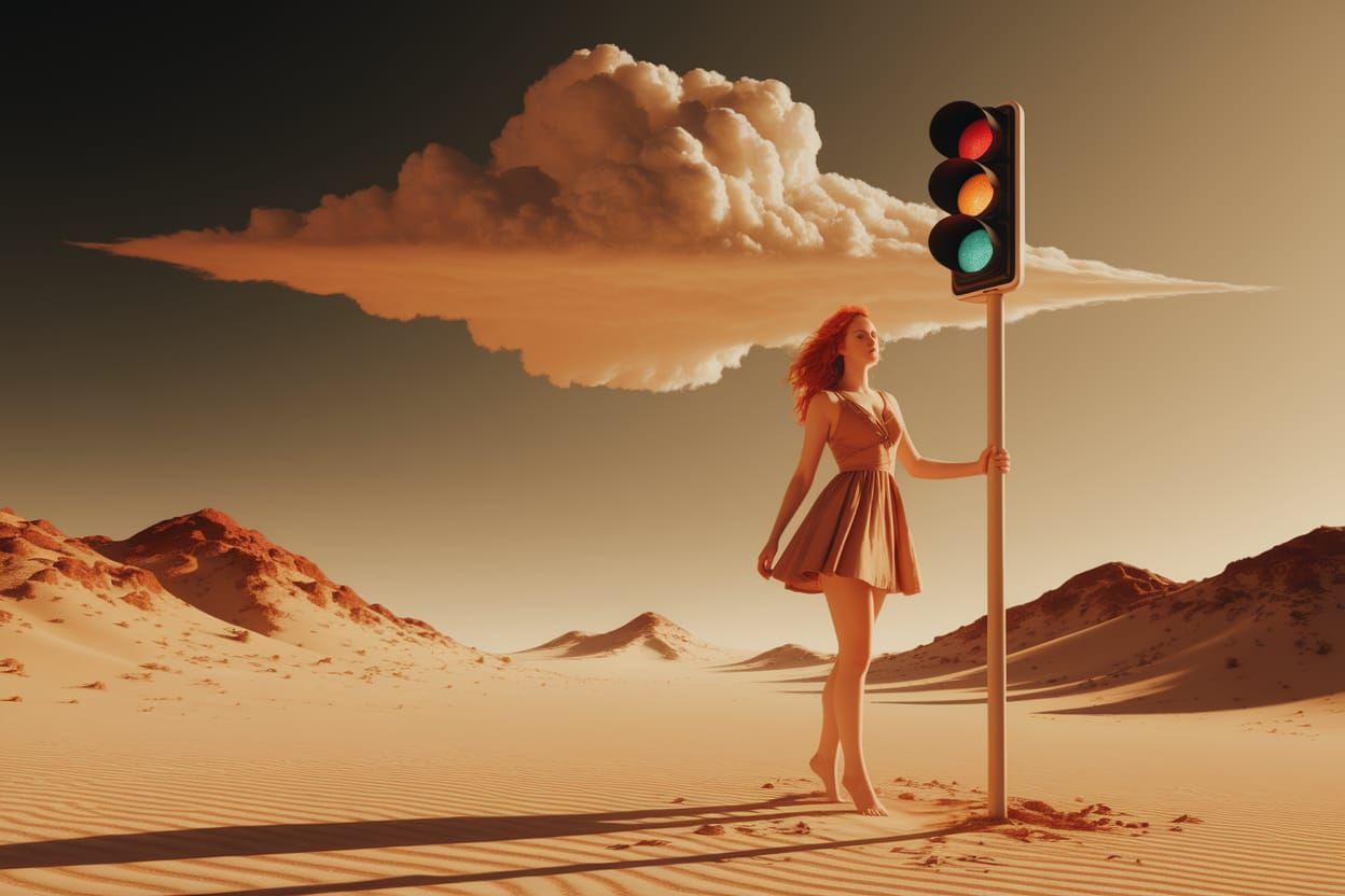 Desert Woman with Traffic Light in Surrealist Style