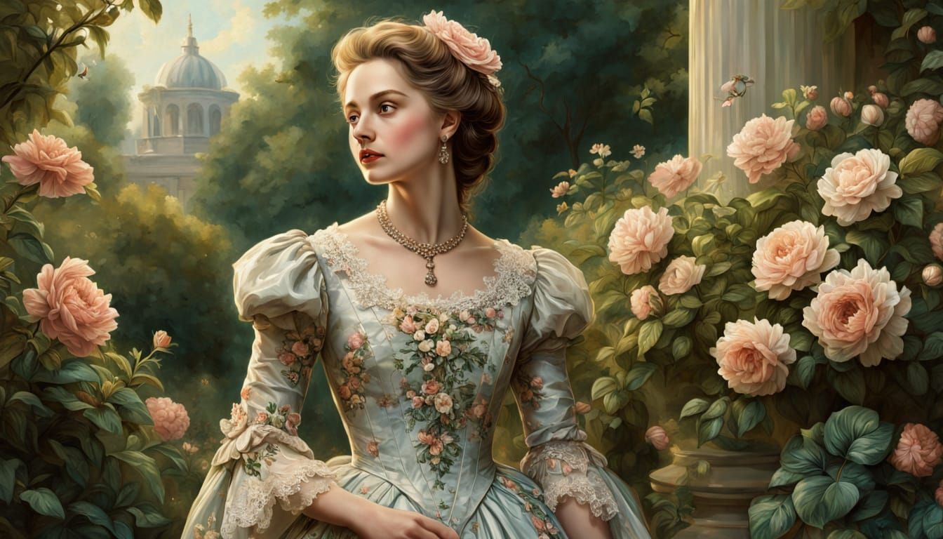 Elegant Victorian Noblewoman in Lush Gardens, Oil Painting