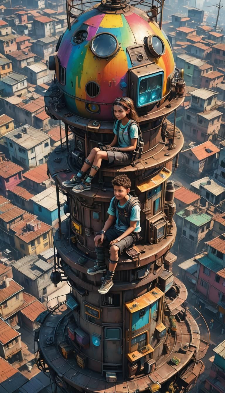 Cyberpunk Water Tower Scene with Children