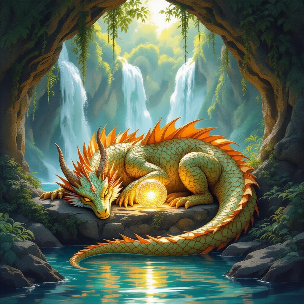 Art Nouveau Dragon Sleeps by Glowing Artifact in Grotto