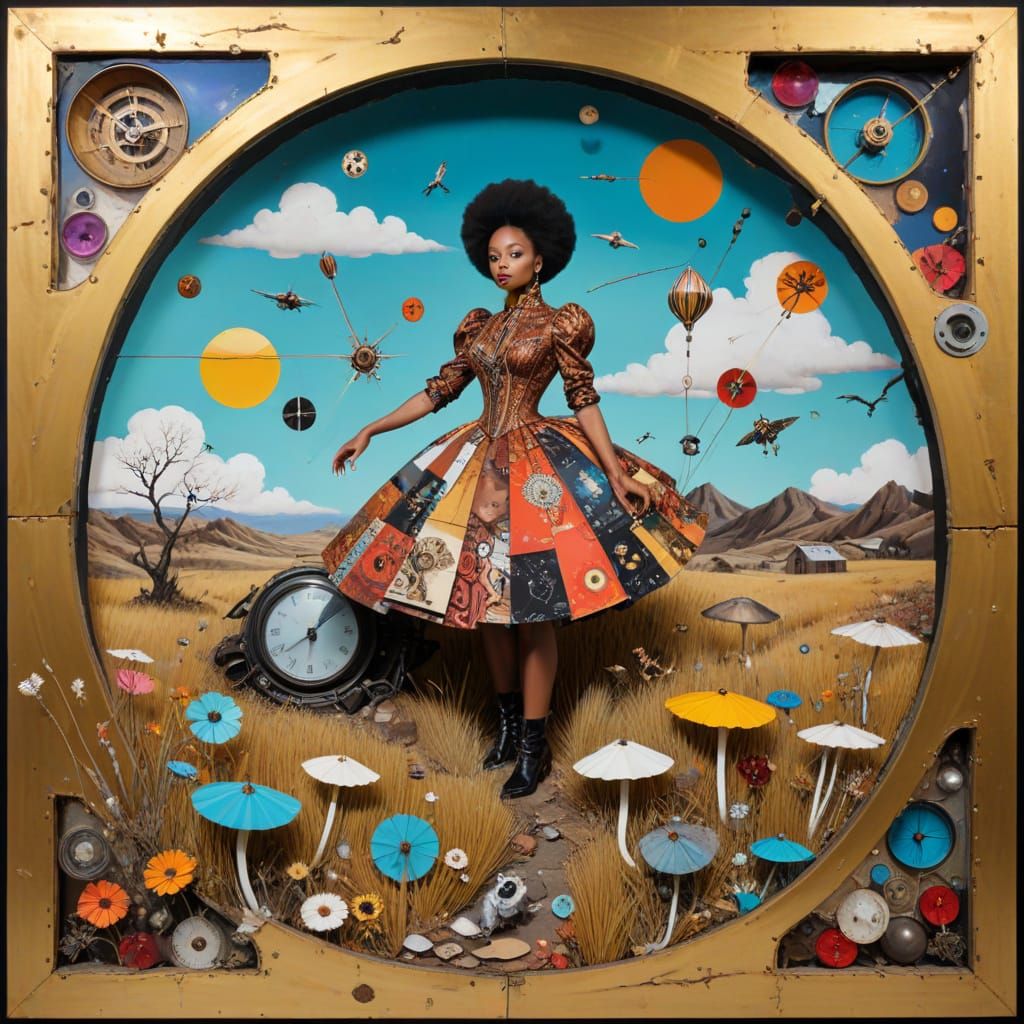 Vibrant Steampunk Dreamscape Collage in Mixed Media