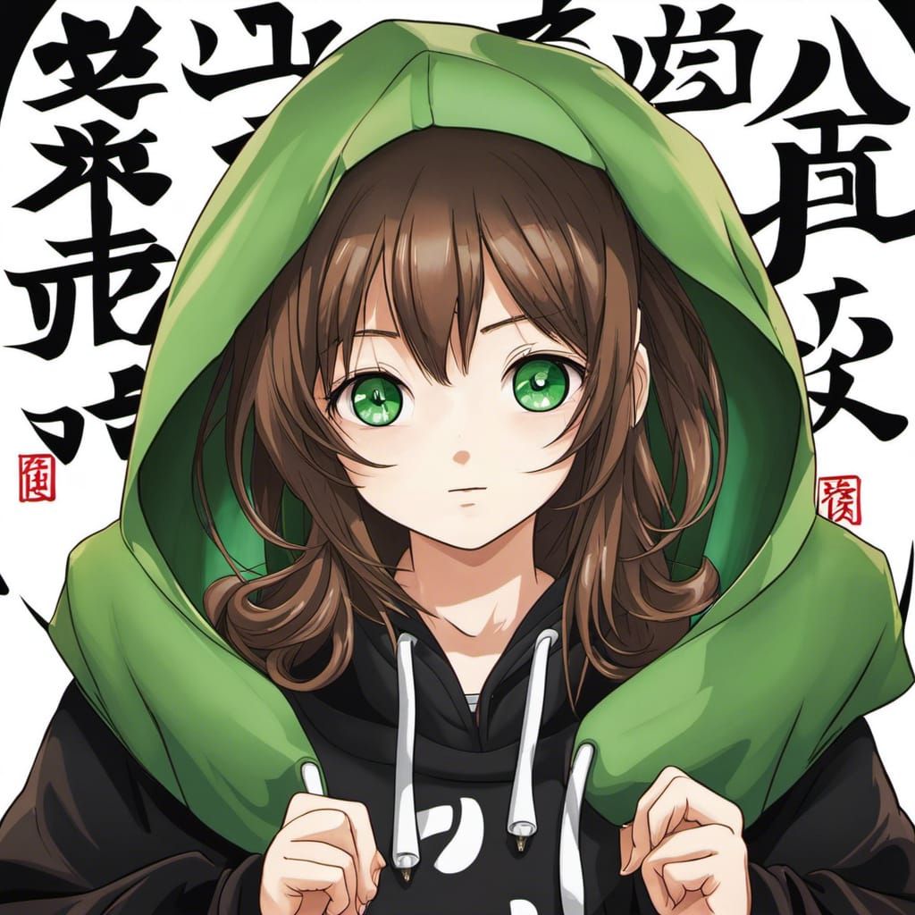 Anime Girl Portrait with Emerald Eyes and Kanji Hoodie