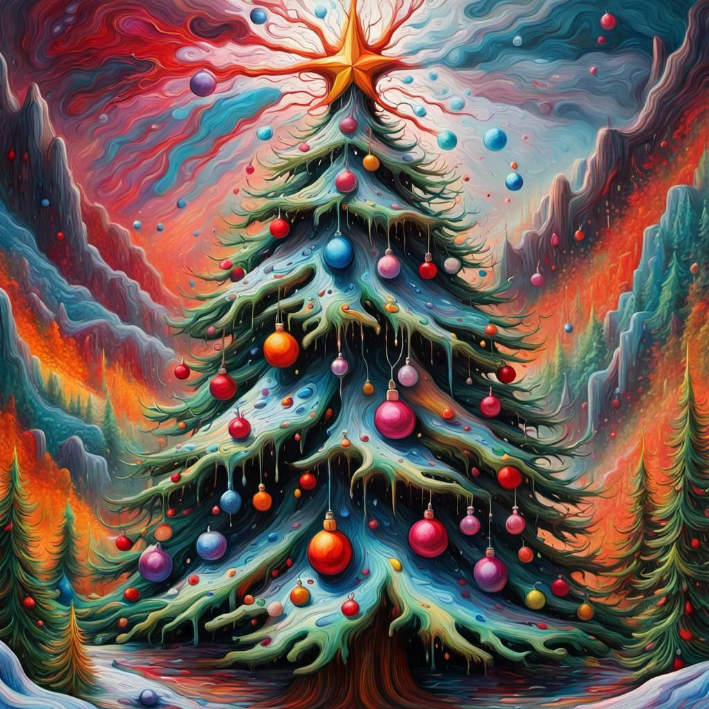 Psychedelic Surreal Christmas Tree in Hyperdetailed Style