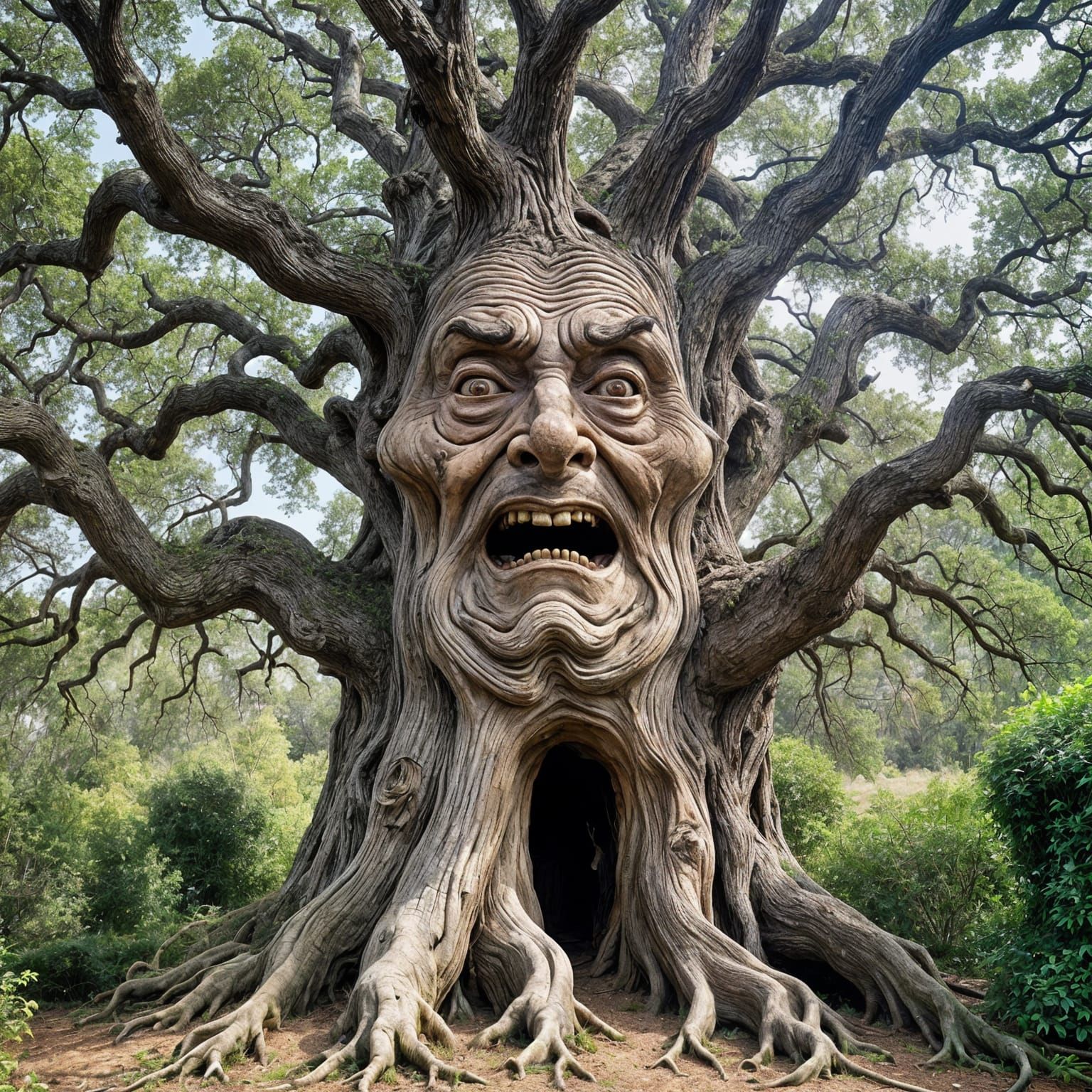 Wise Old Tree with Caring Face, Maximalist Art