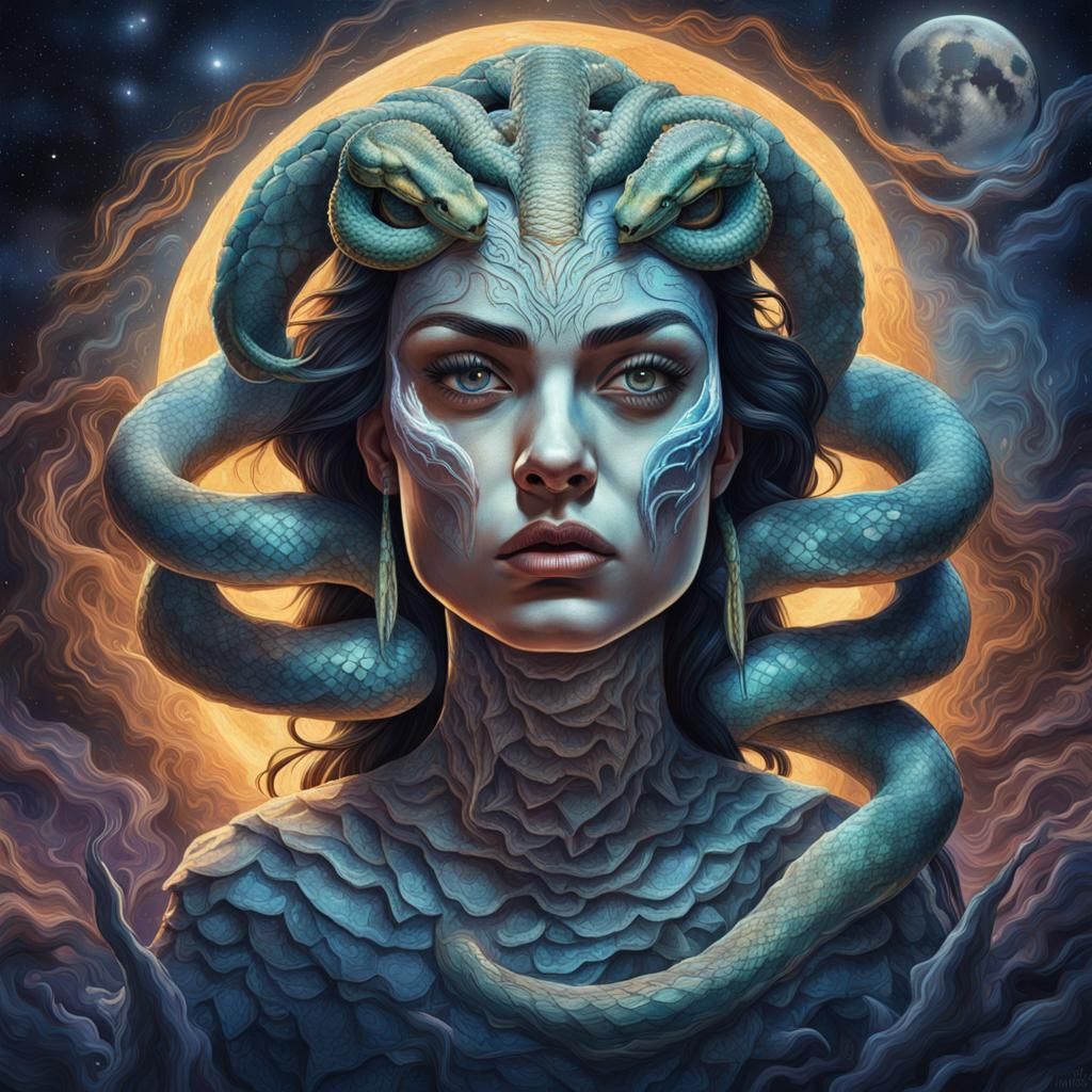 Mythical Medusa with Mila Kunis Face in Cosmic Night