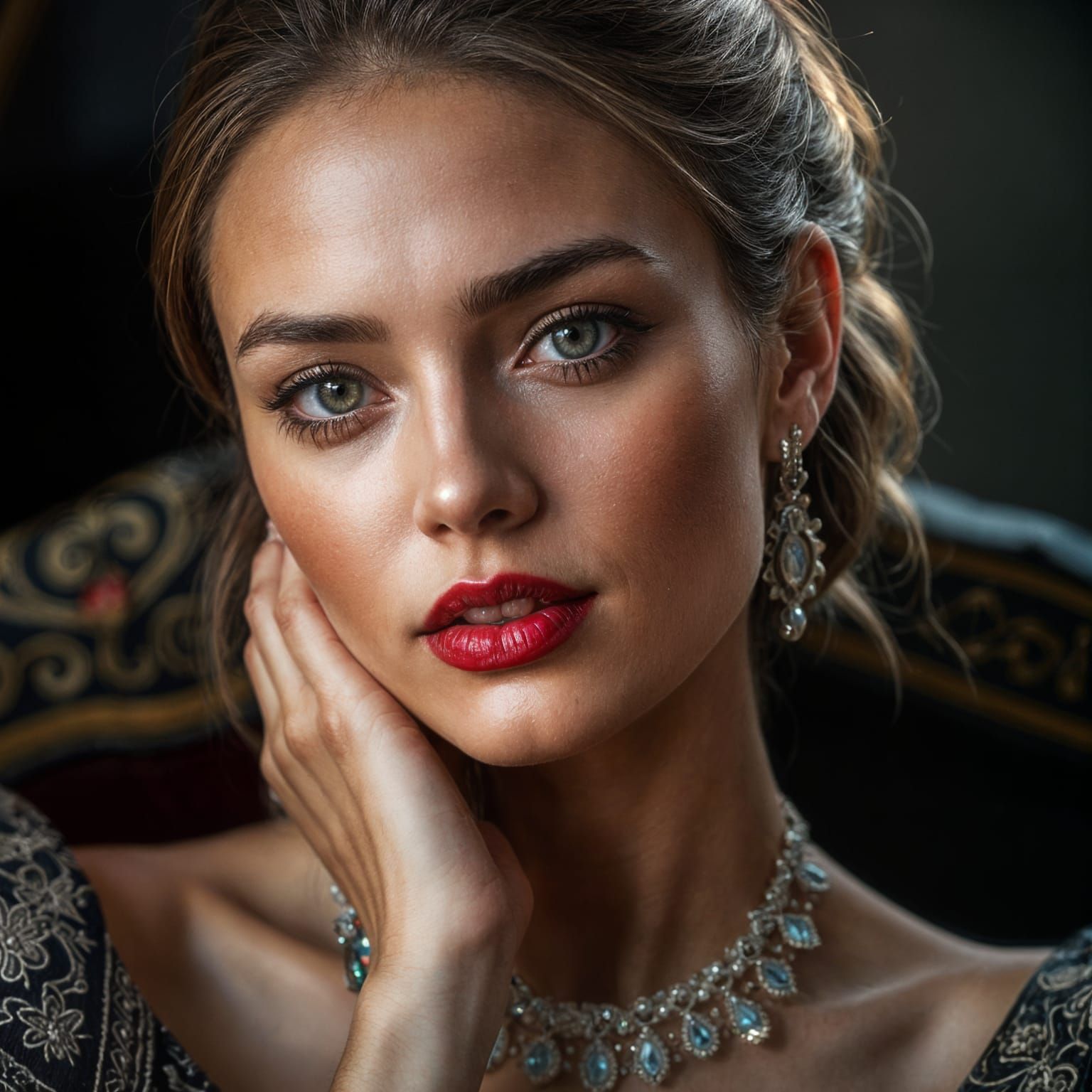 Gorgeous Woman Portrait with Red Lips, Hyperrealistic Style