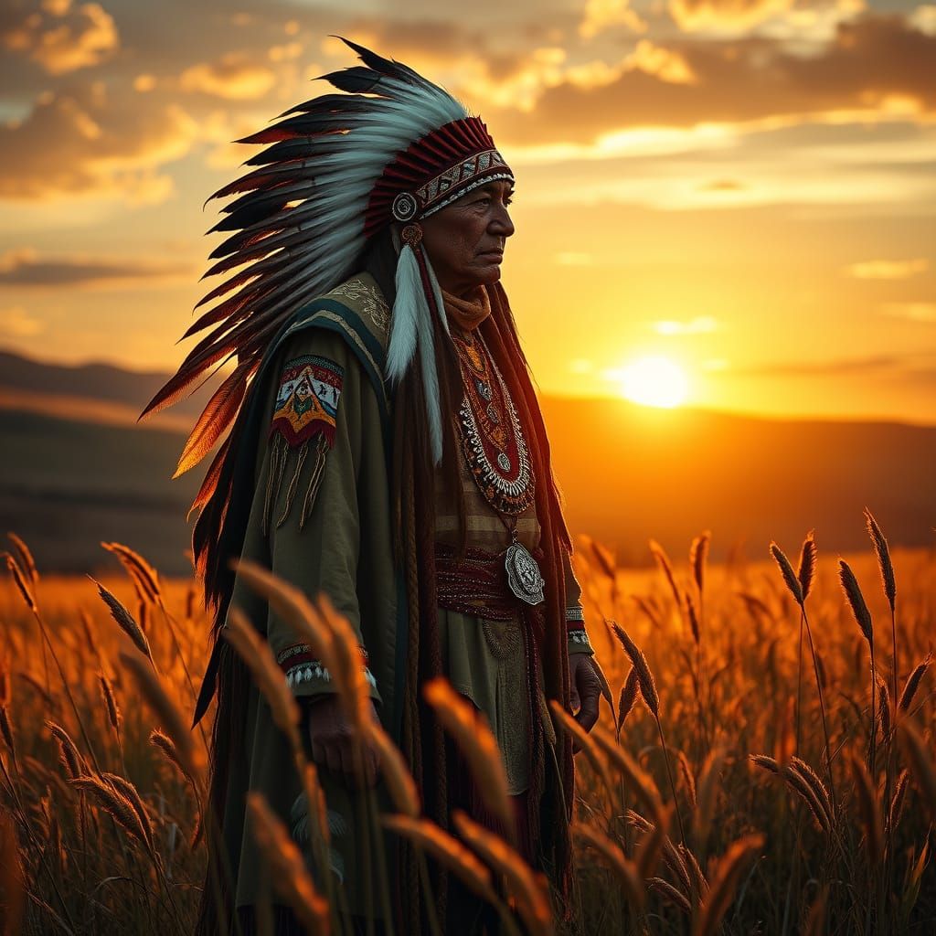 Native American in Majestic Ceremonial Attire Amidst Golden ...
