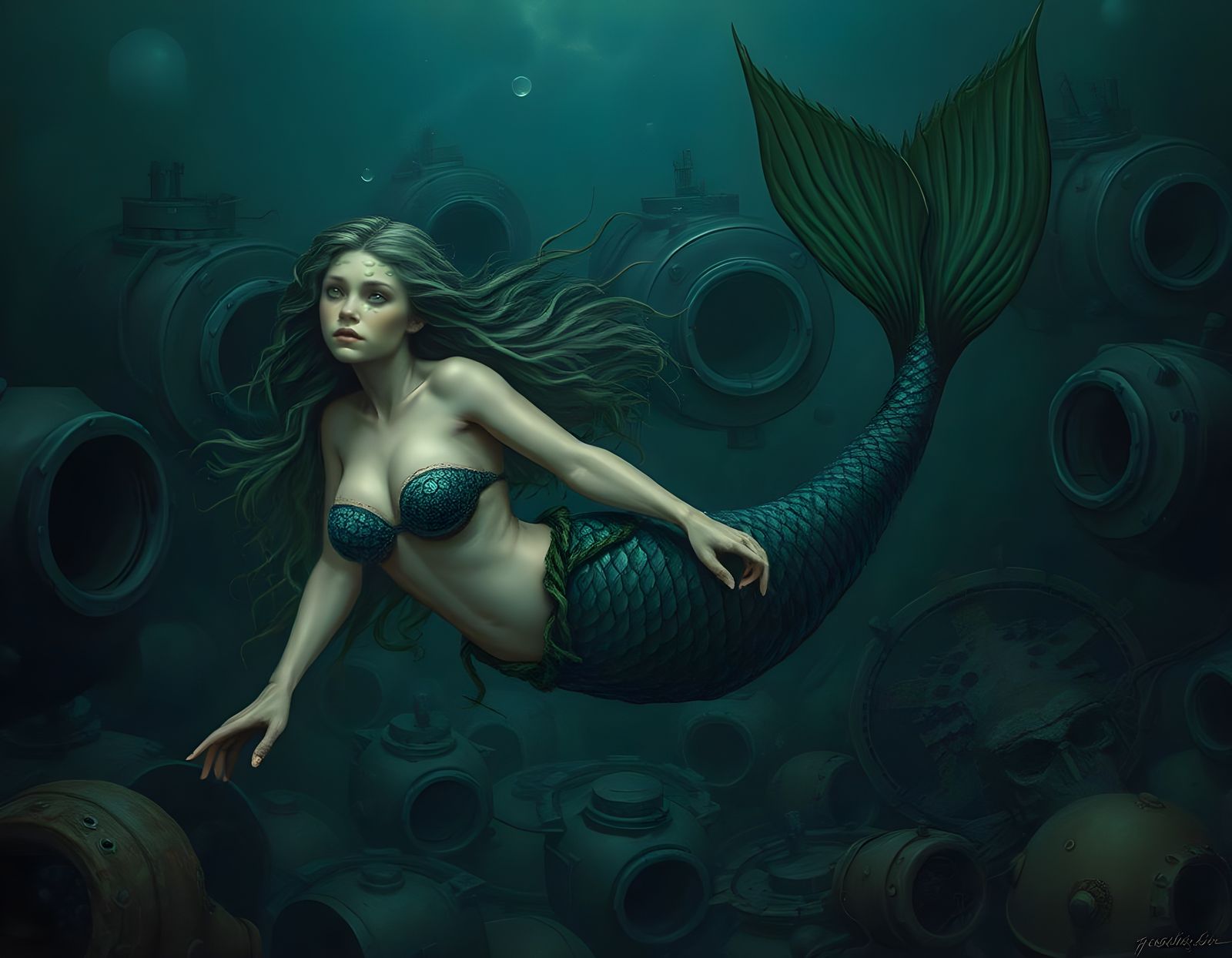 Creepy Mermaid Swimming Among Sea Mines