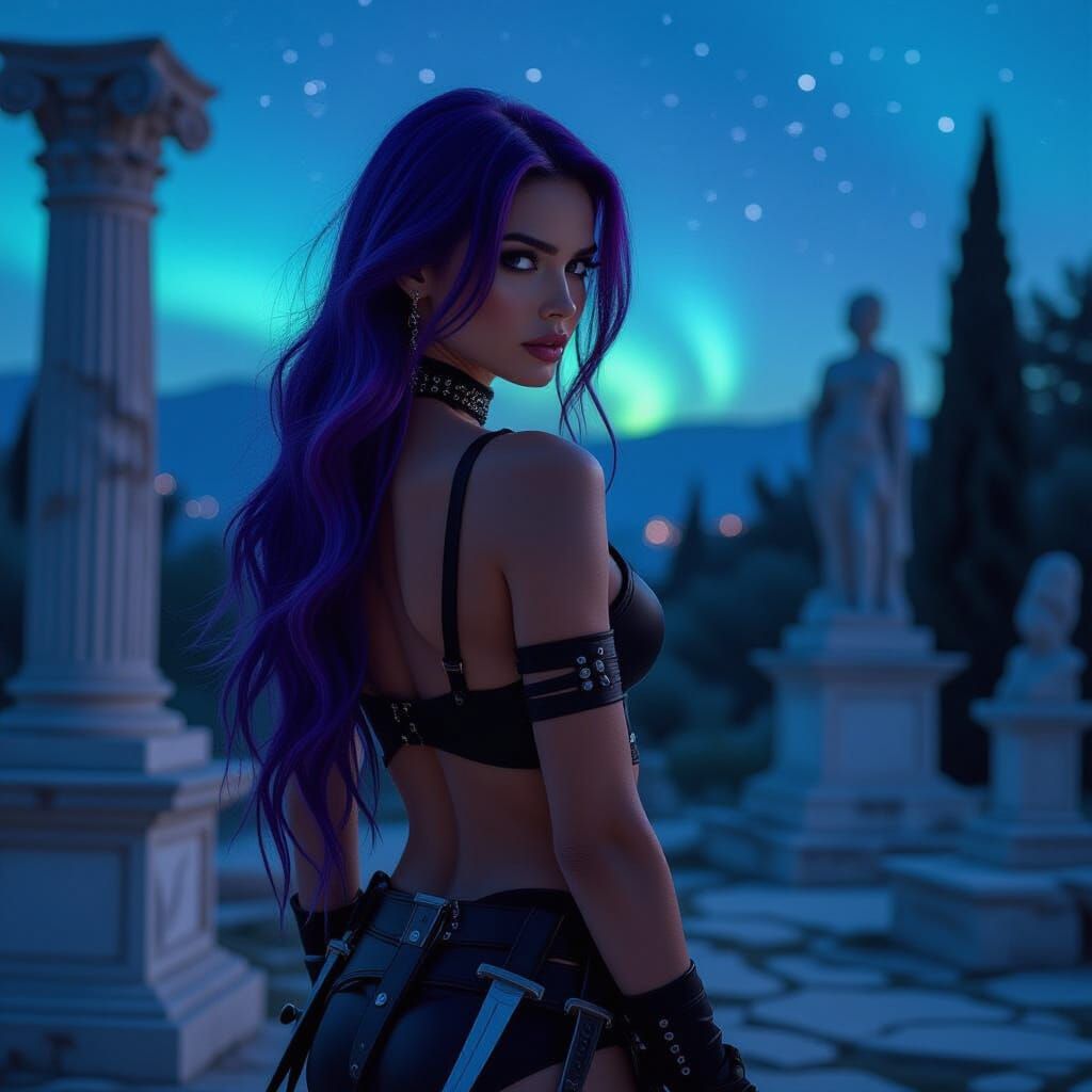 Purple-Haired Assassin in Photorealistic Style
