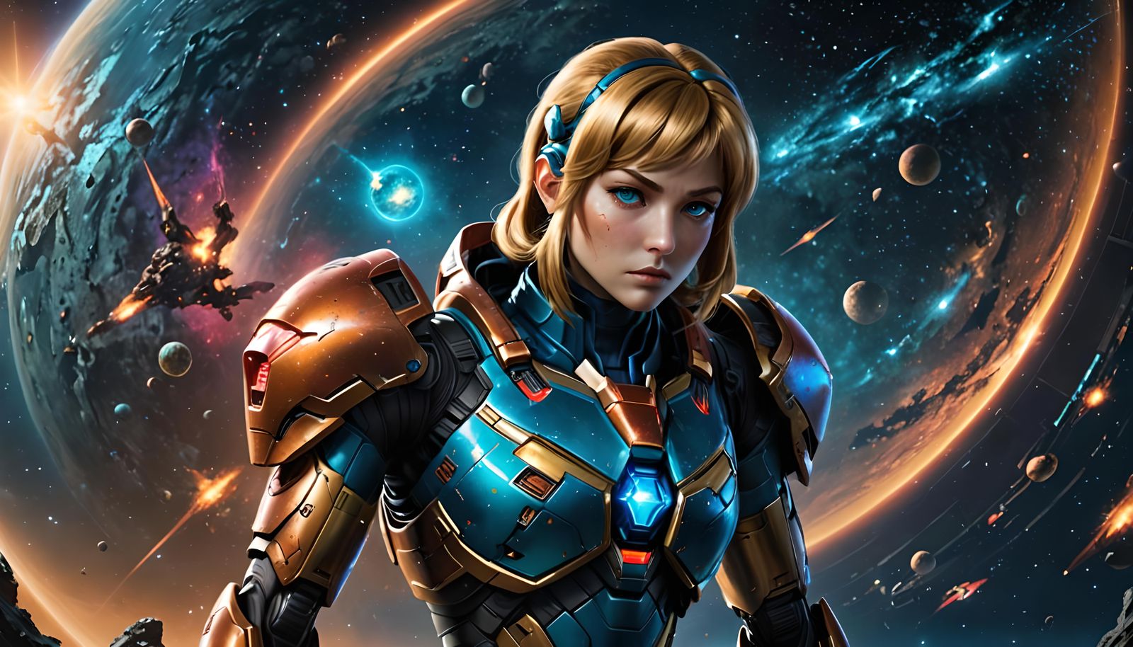 Samus Aran, Galactic Hunter in Space: Detailed Matte Paintin...