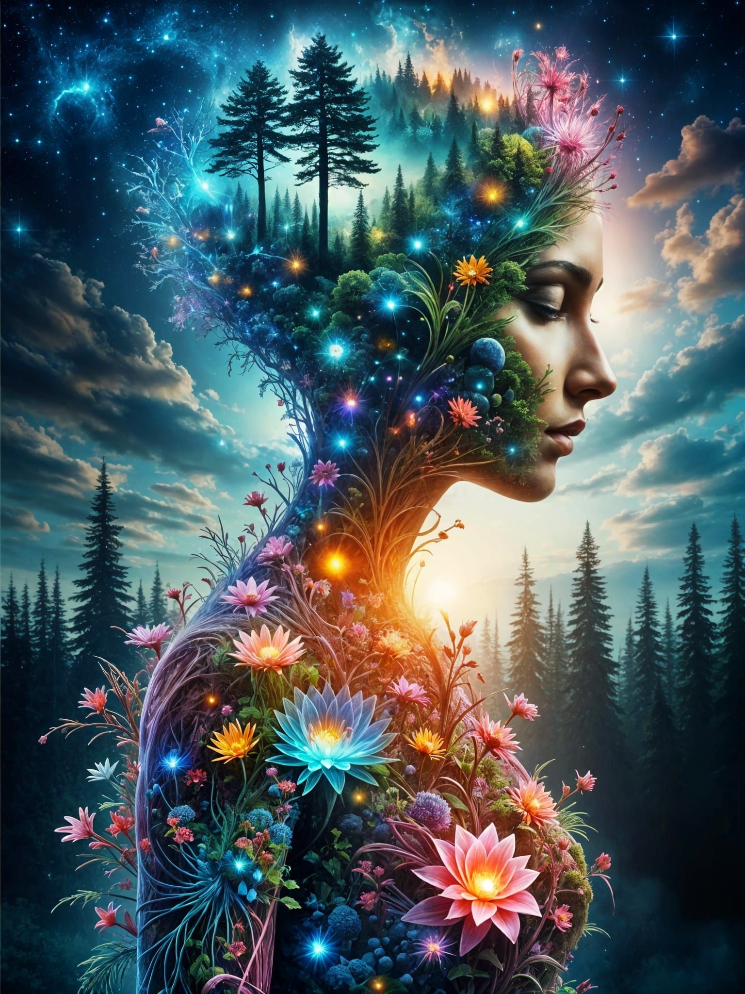 Ethereal Double Exposure Artwork: Woman Transforms into Fore...