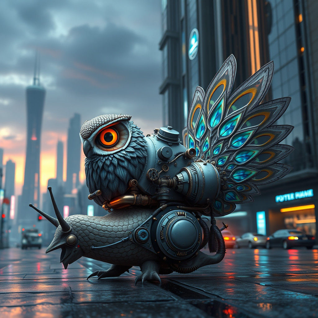 Mechanized Owl Snail with Peacock Tail