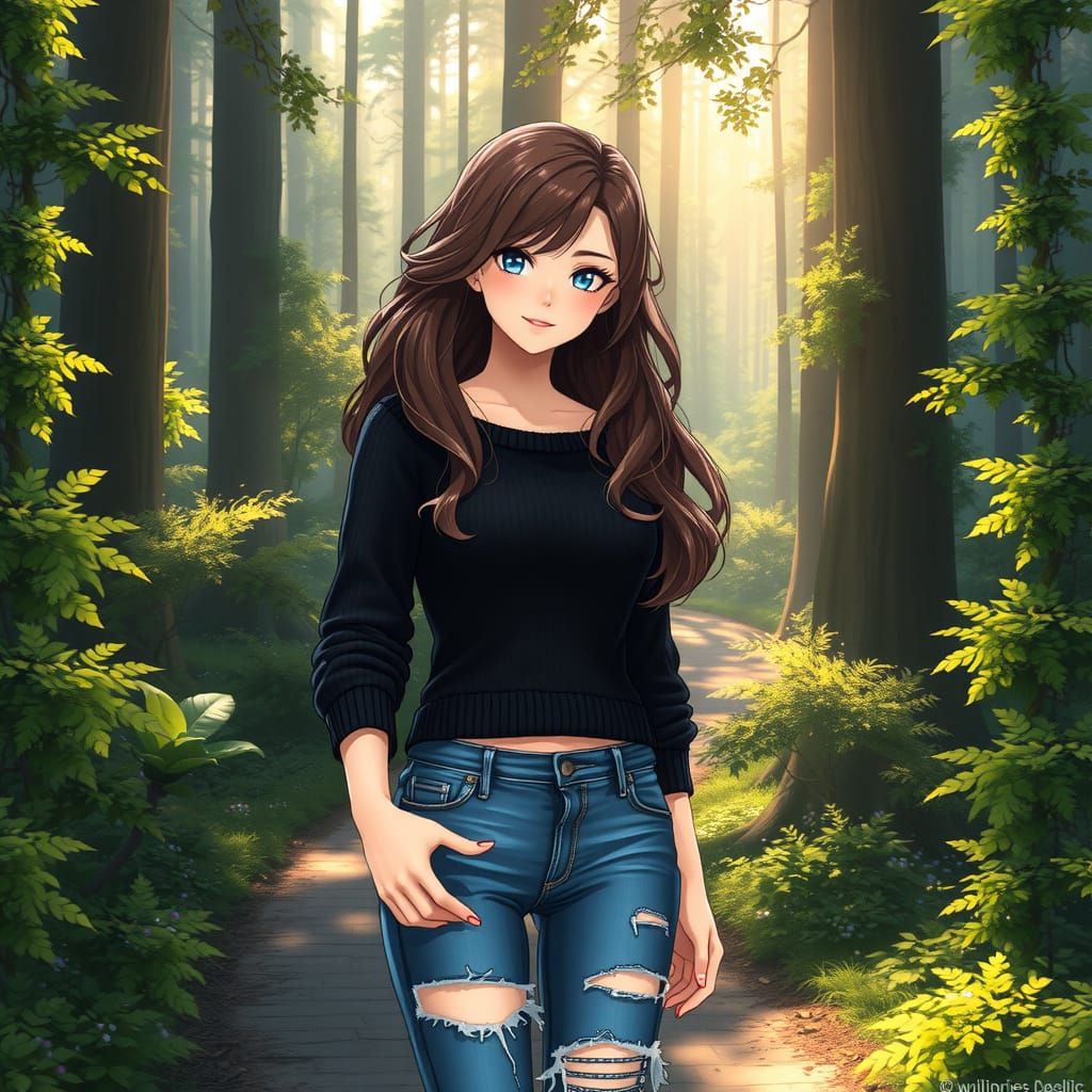 Vibrant Anime-Inspired Young Woman Strolls Through Lush Fore...