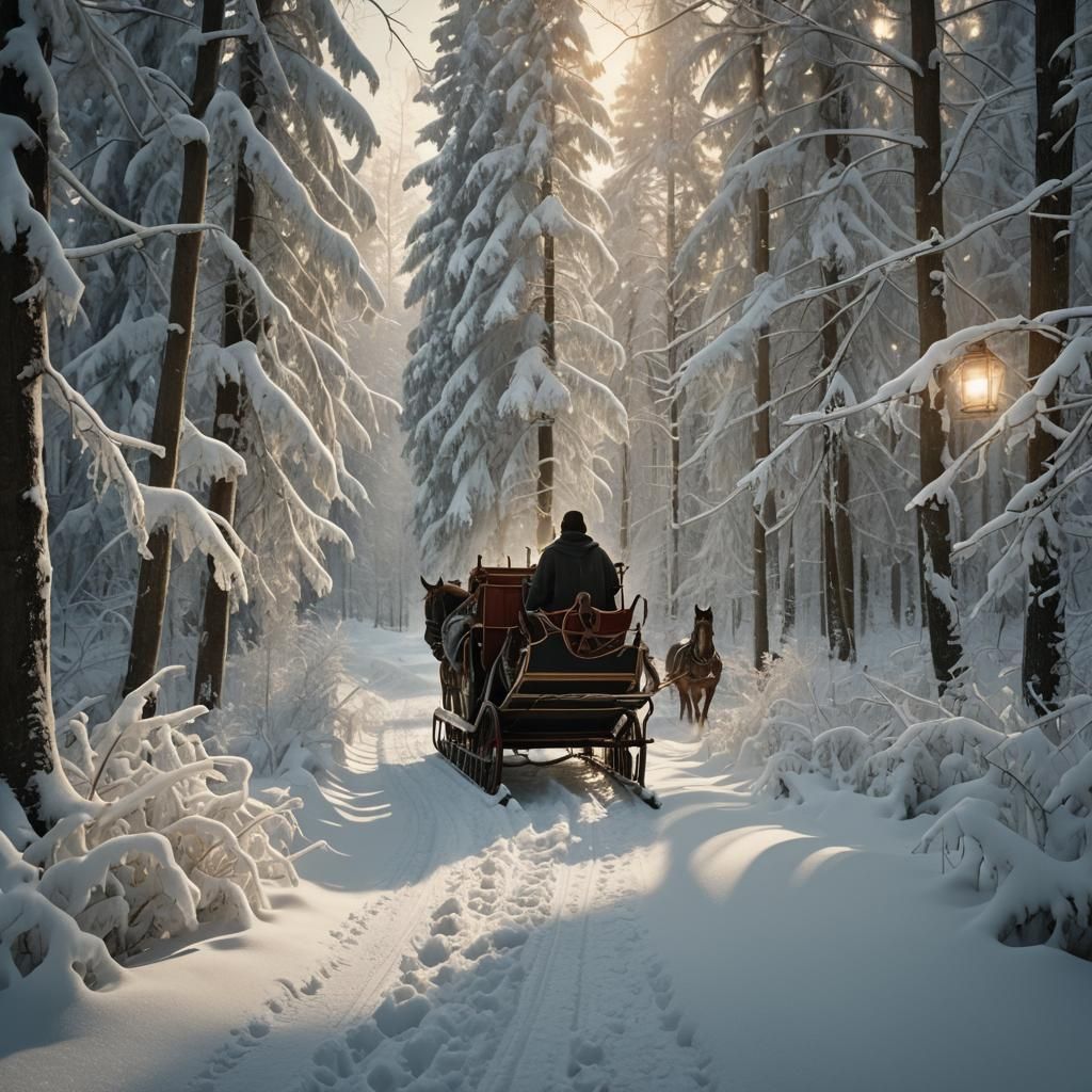 Horse-Drawn Sleigh in Winter Forest, Digital Matte Painting
