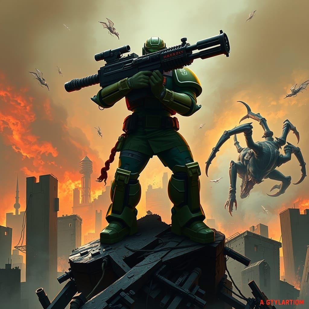 Doom Slayer vs Demogorgon in Dark Fantasy Style