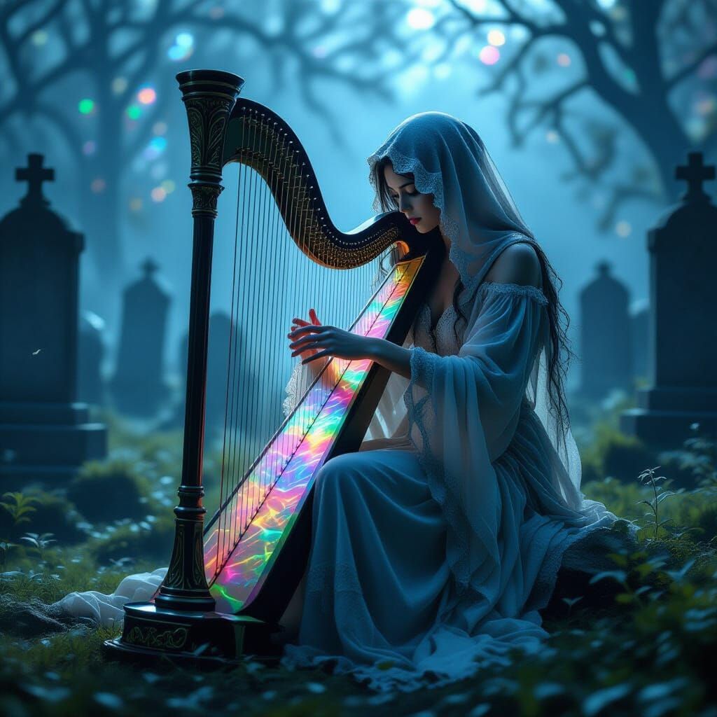 Ethereal Woman Plays Harp in Foggy Cemetery