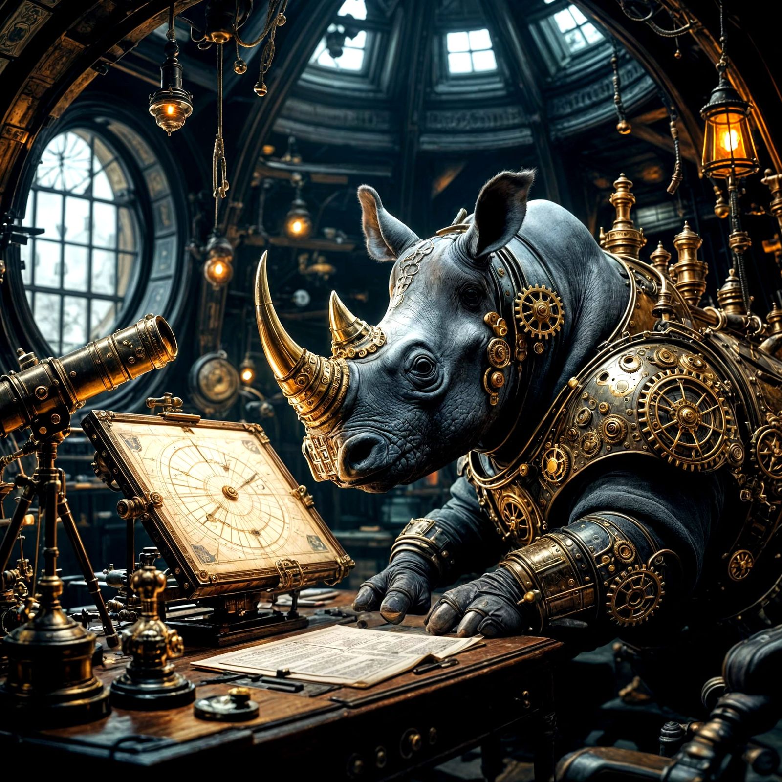 Steampunk Rhinoceros Scientist in Arcane Observatory