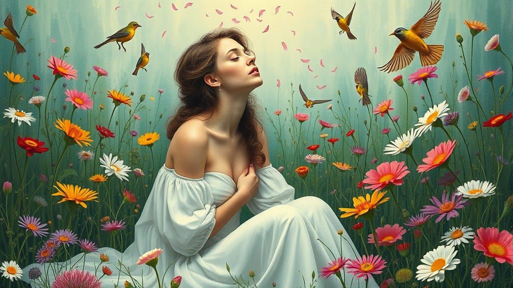 Prudence in Lush Meadow: Surreal Art Nouveau