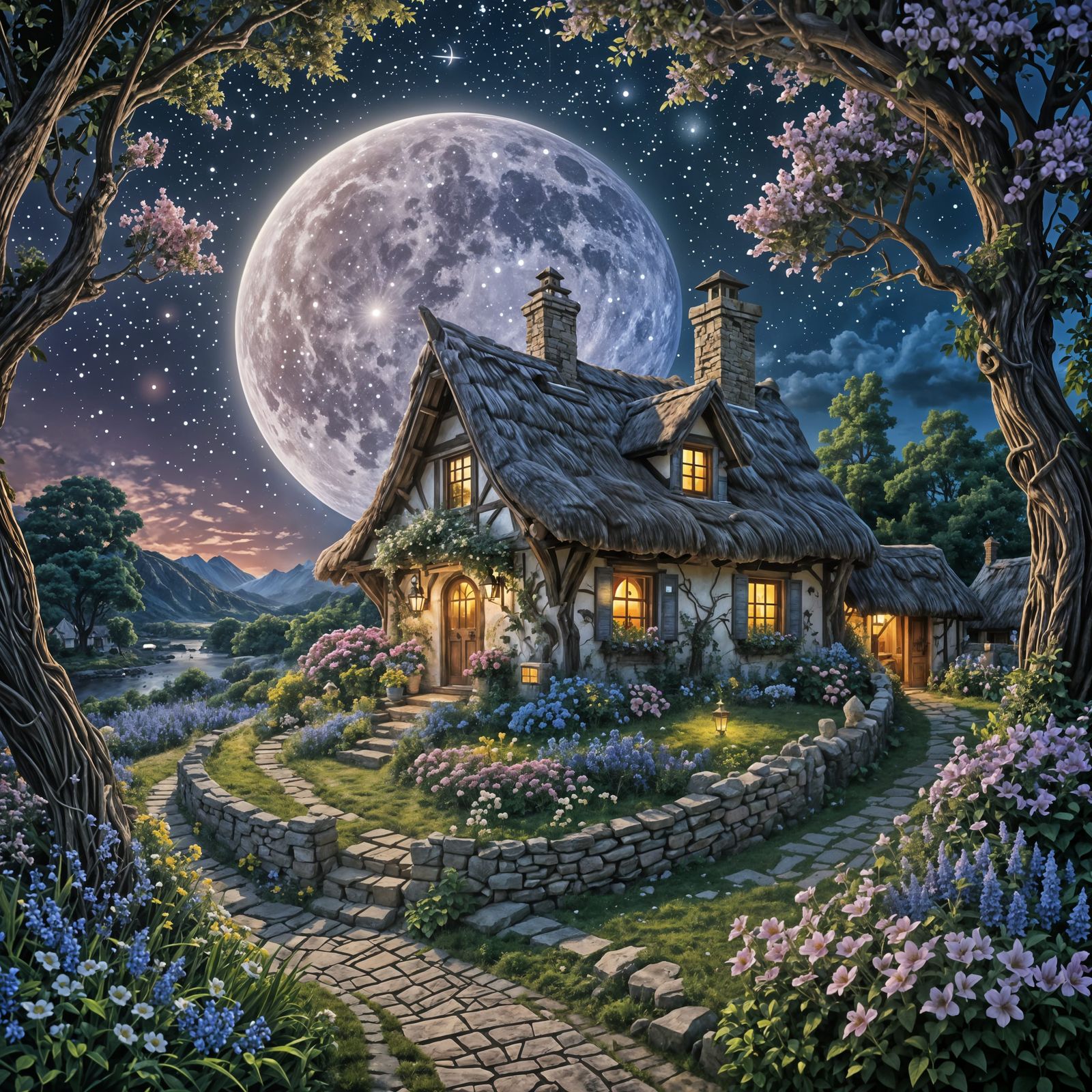 Whimsical Starlit Cottage on Crescent Moon