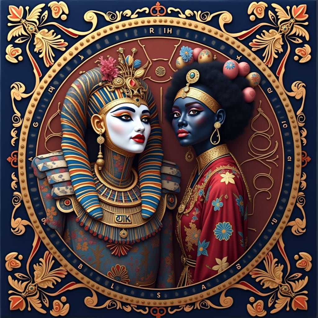 Harlequin, Geisha, and Tutankhamun in Photorealistic Full Bo...