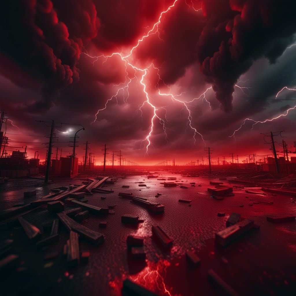 Sinister Dystopian Abyss Under Stormy Red Sky