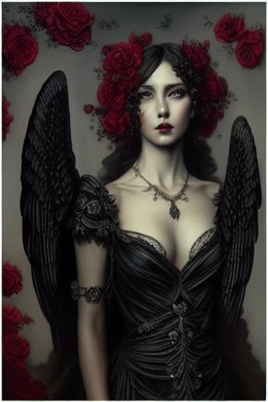 Dark Angel with Roses in Hyperrealistic Style