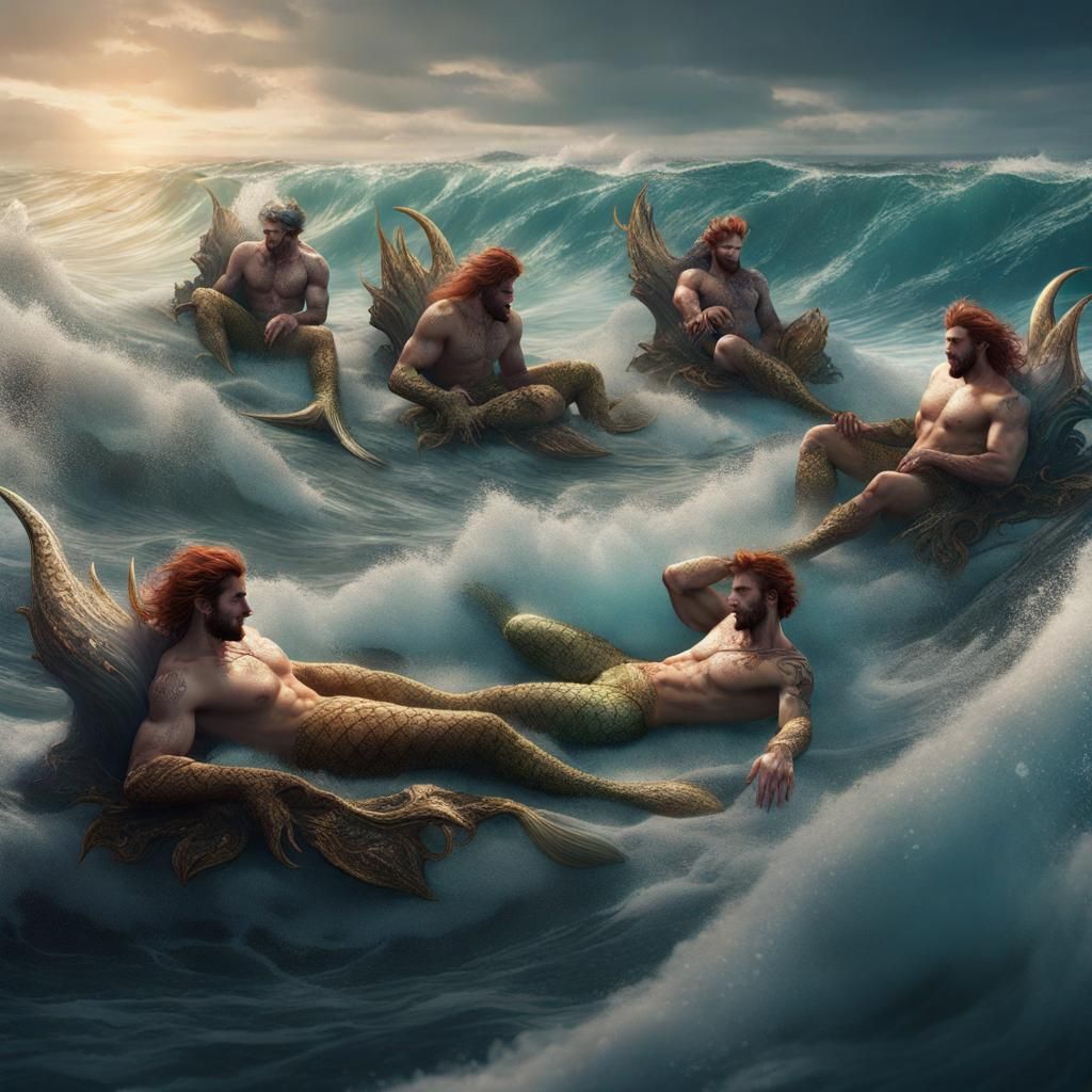 Mermen Sunning in Surf: Detailed Fantasy Art