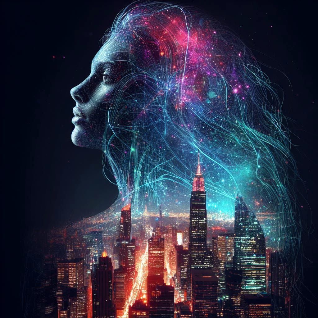 Double Exposure: Neon City in Woman's Silhouette