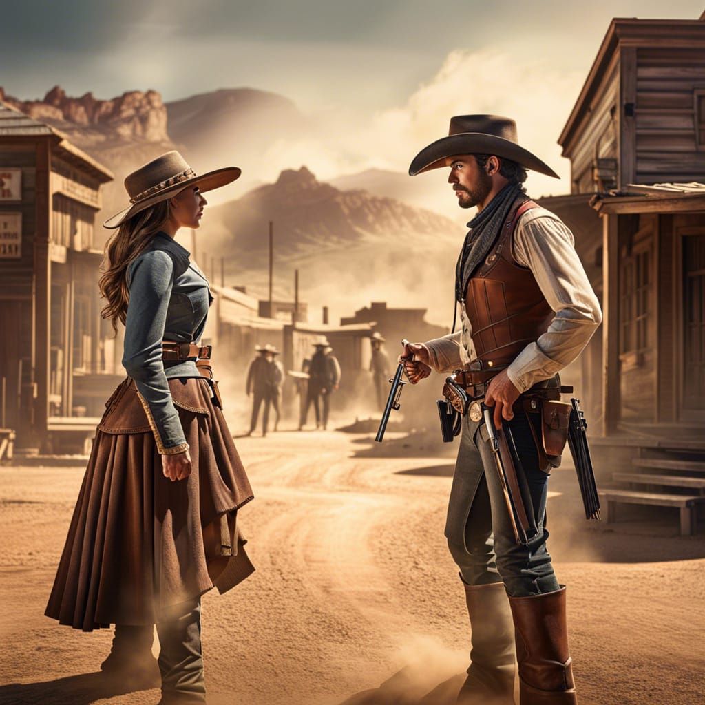 Hyperrealistic Cowboy and Cowgirl Duel in Ghost Town