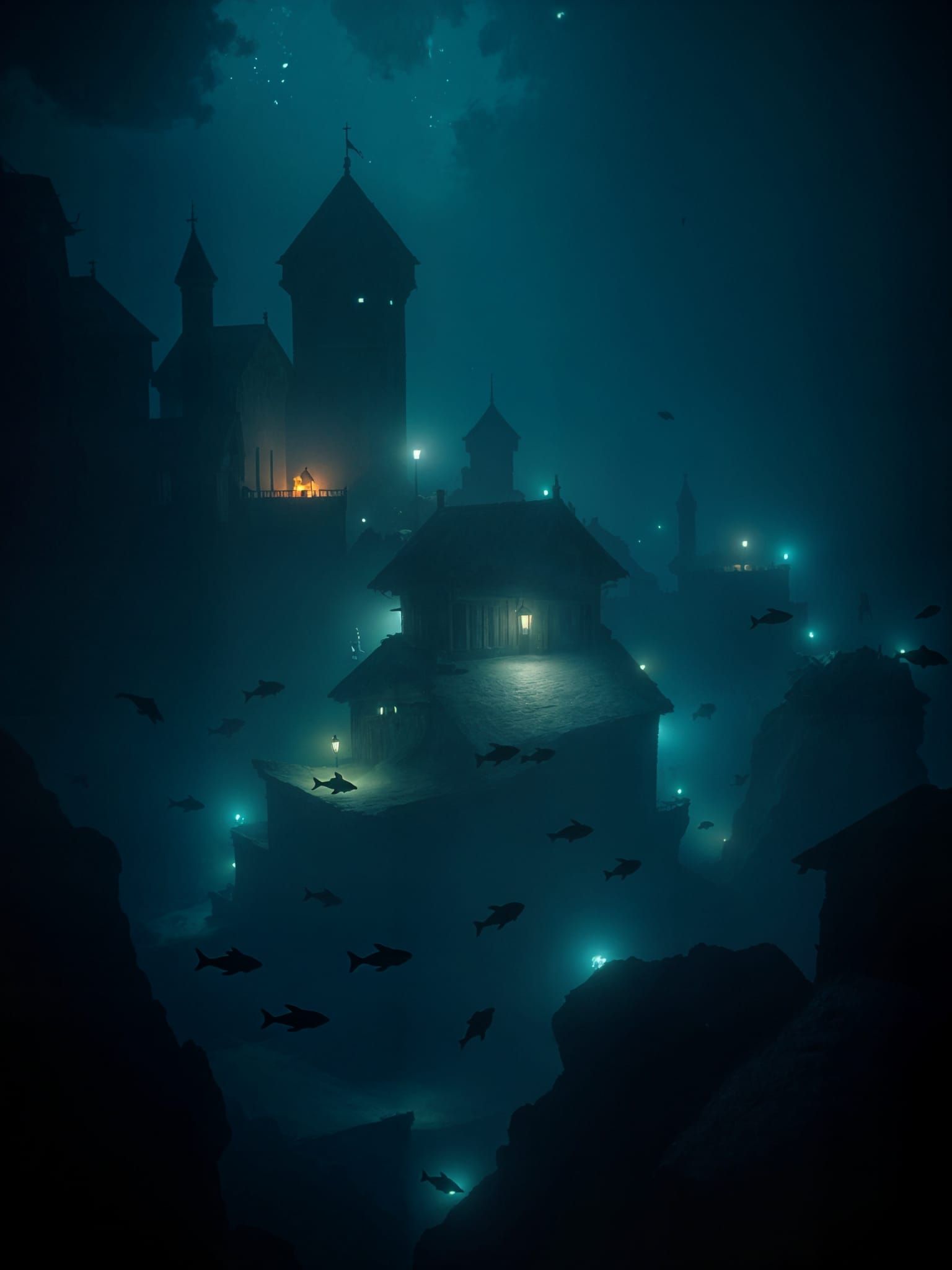 Eerie Underwater Village in Bioluminescent Twilight