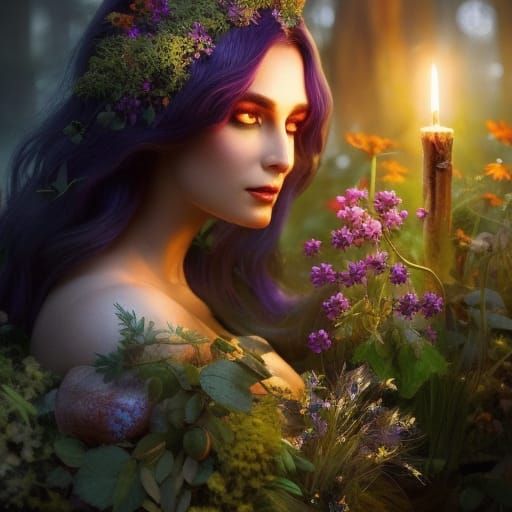 Enchanting Herbal Witch in Moonlight, Digital Painting